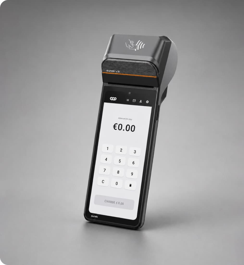 SUNMI V3 handheld payment terminal showing a keypad on its screen.